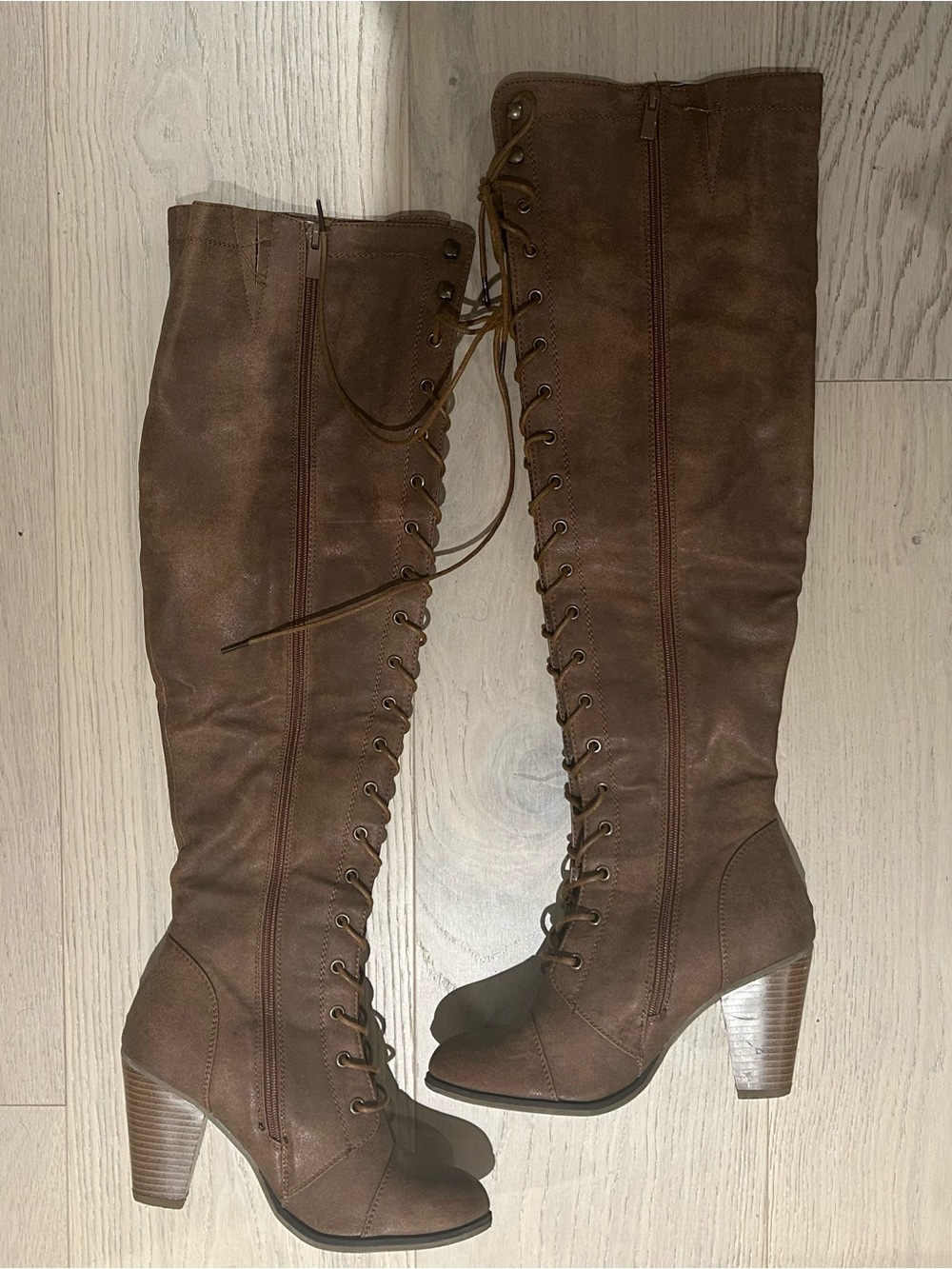 Brown Lace-Up Over-the-Knee Heeled Boots